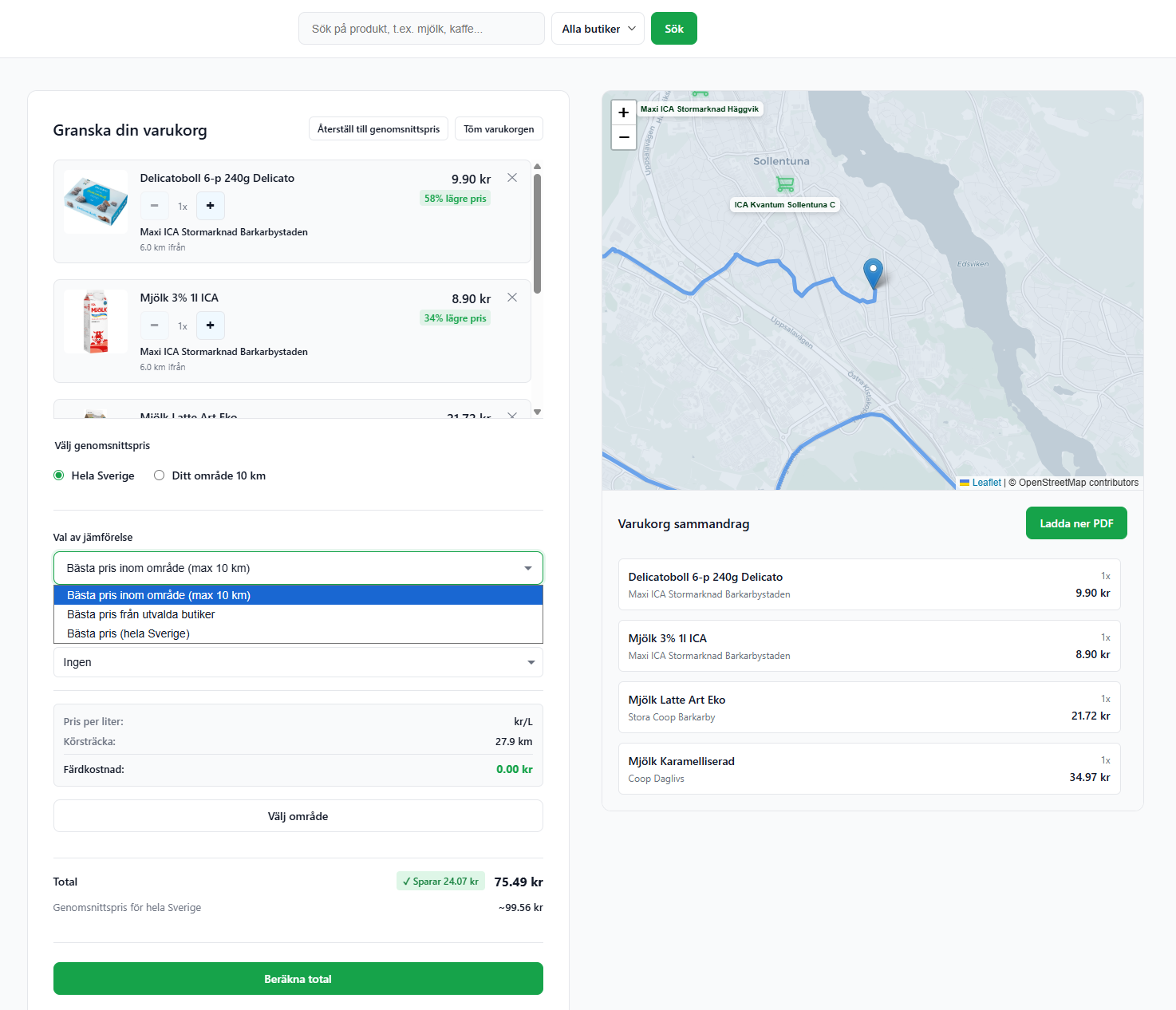 The Matjakt checkout view, with an optimised basket and a route on the map